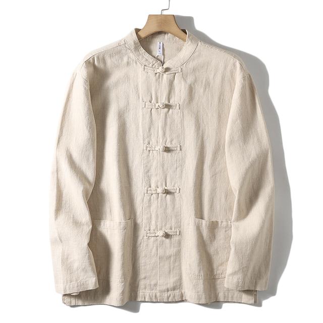 

Мужская повседневная однотонная рубашка в китайском стиле высокого класса из камвольного материала рами с воротником-стойкой и пуговицами, рубашка с длинным рукавом XXXXXL хаки