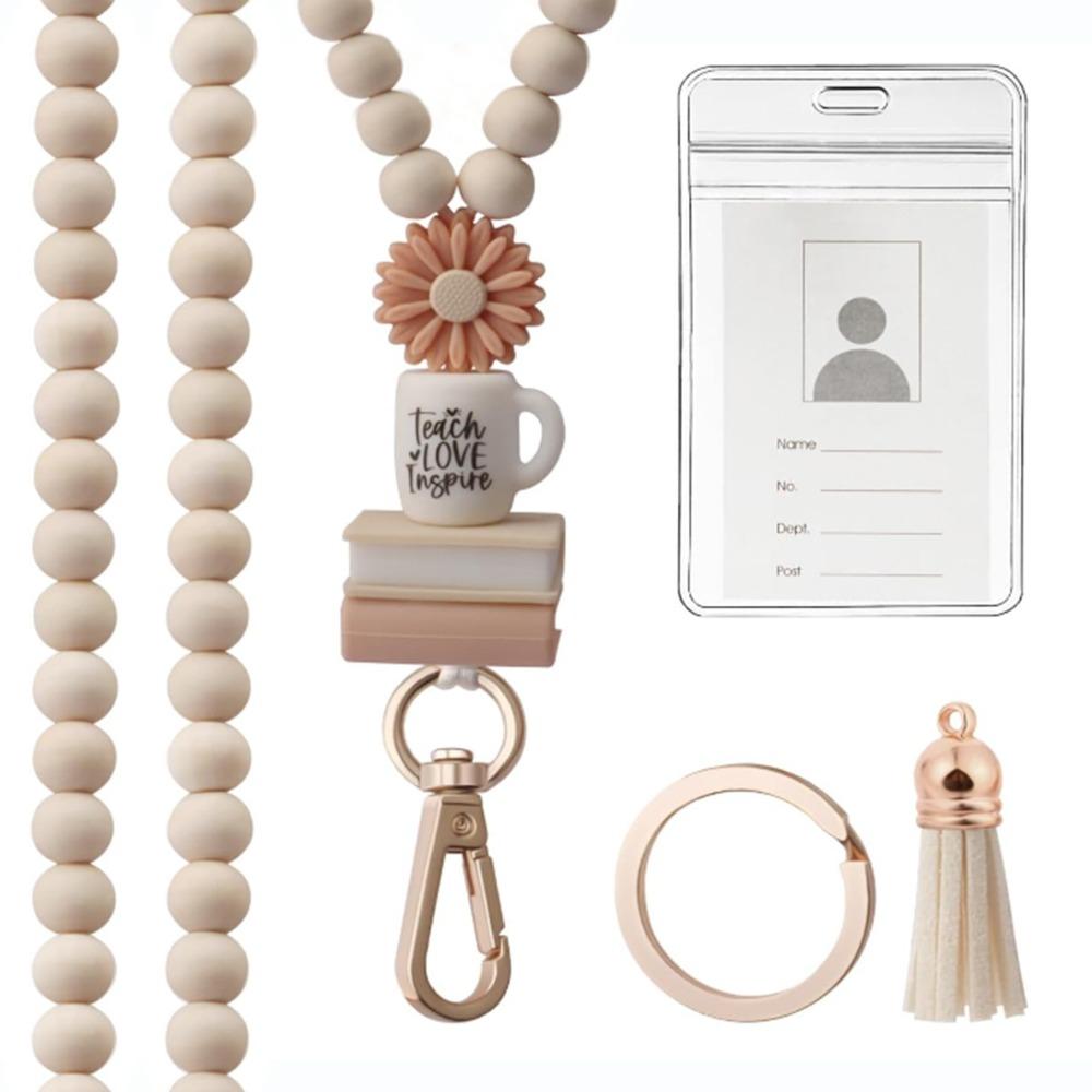 Wood Teacher Lanyard Pink Daisy Beads ID Holder Strap Fashion String for ID Badges  Keys