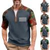 Men's Summer Camouflage Raglan Sleeve Casual T-Shirt Sports Flag Printed Zipper Neck Top