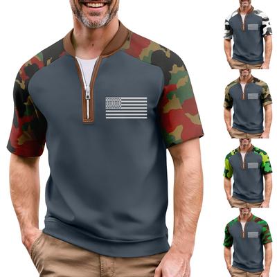 Męski letni kamuflażowy T-shirt casual z rękawem raglanowym, sportowy top z nadrukiem flagi i szyją zapinaną na zamek