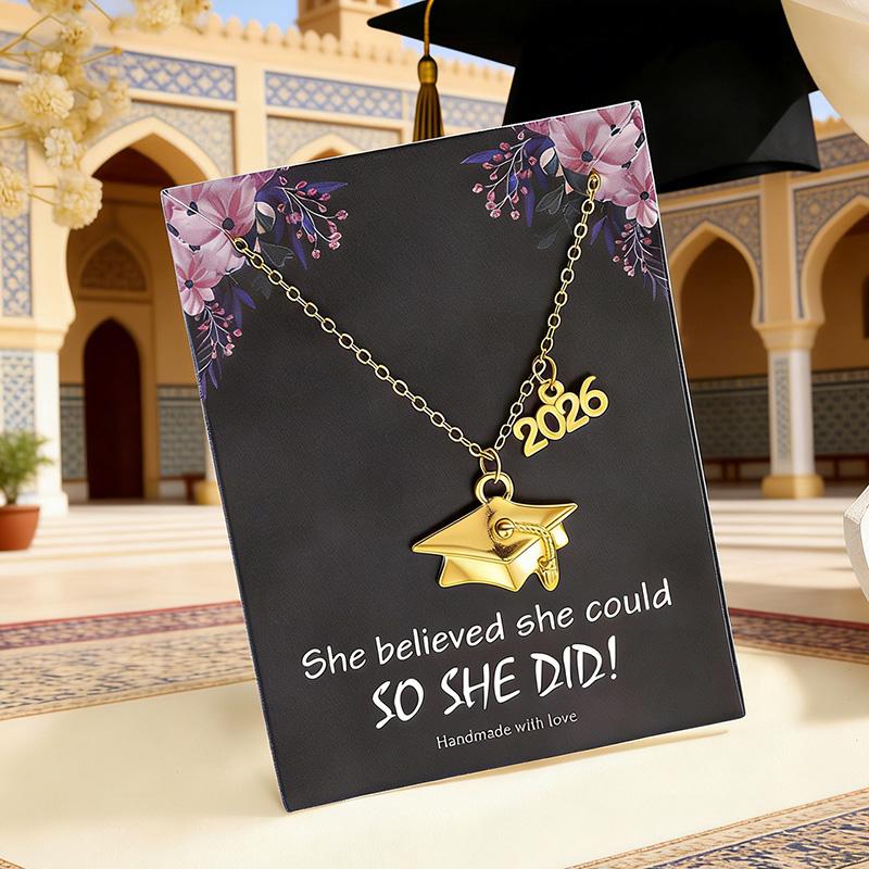 

2026 Graduation Cap Necklace Fashion Bachelor Postgraduate Master PhD Graduate Necklaces Chokers With Card Jewelry Gift золотой