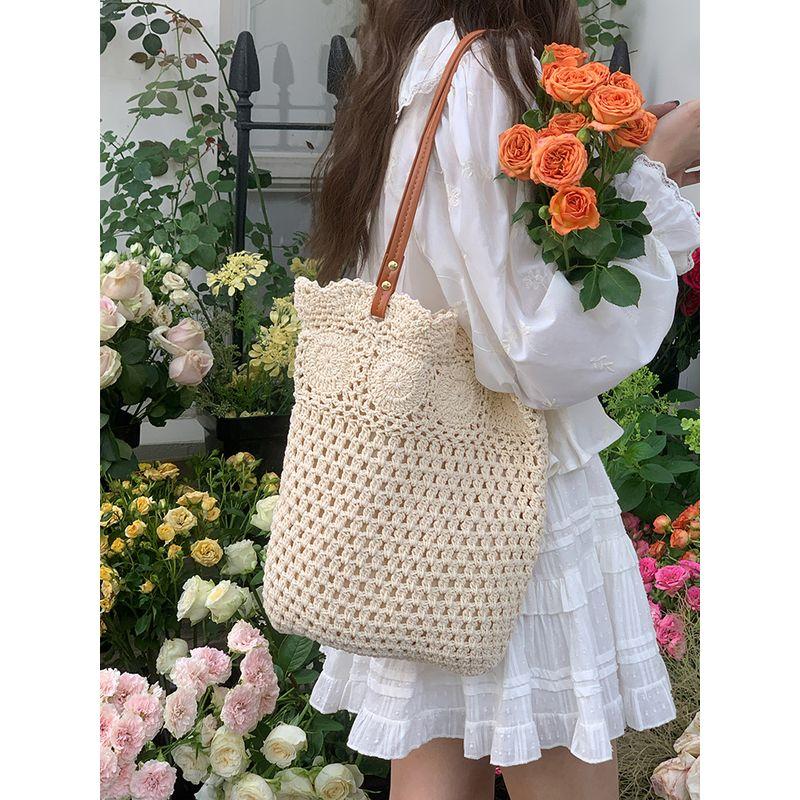 Large Capacity Shoulder Cotton Woven Bag Women 2025 New Hollow Mesh Tote Bag Seaside Vacation Beach Bag