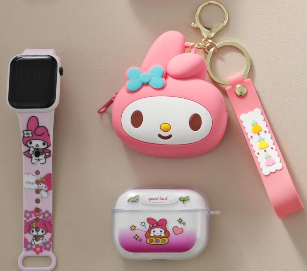 Kreskówkowe Silikonowe Etui Ochronne z Portmonetką na Monetę na Zamek Błyskawiczny, Wykwintny Zegarek LED i Bezprzewodowe Słuchawki Bluetooth TWS