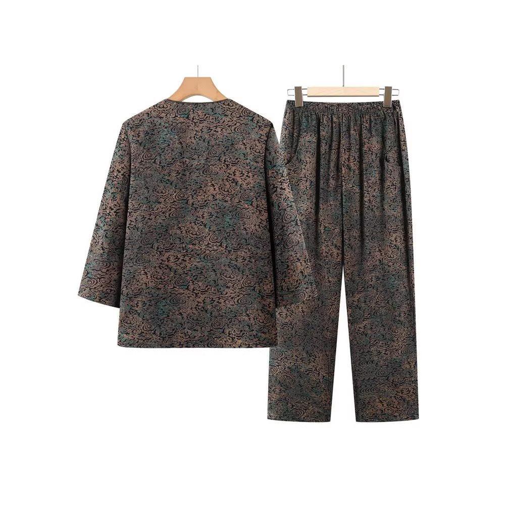 Spring & Autumn Plus Size Cotton Linen Retro Two-Piece Set for Middle-Aged Women: Long Sleeve Top & Pants