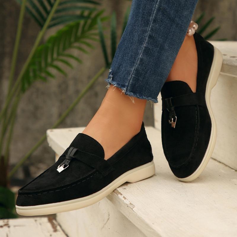 Fashion Retro Metal Buckle Loafer Plus Size 36-43 Casual Women's Single Shoe 2025 Autumn New Style Women Slip On Flat Lazy Bean Shoe