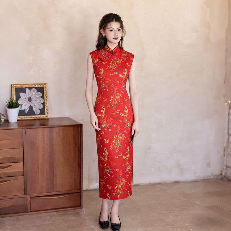 Women Sleeveless Modified Cheongsam, Vintage Floral Chinese Style Midi Qipao Dress, Elegant Formal Split Dress