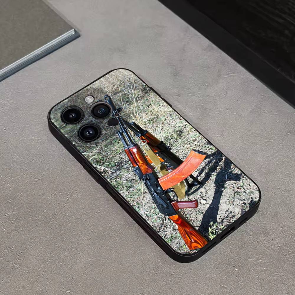 AK47 Handgun Gun BUllets Phone Case For iPhone 16,15,14,13,12,11 Plus,Pro Max,XS,X,XR,SE,Mini,8,7,Soft Silicone Black Cover
