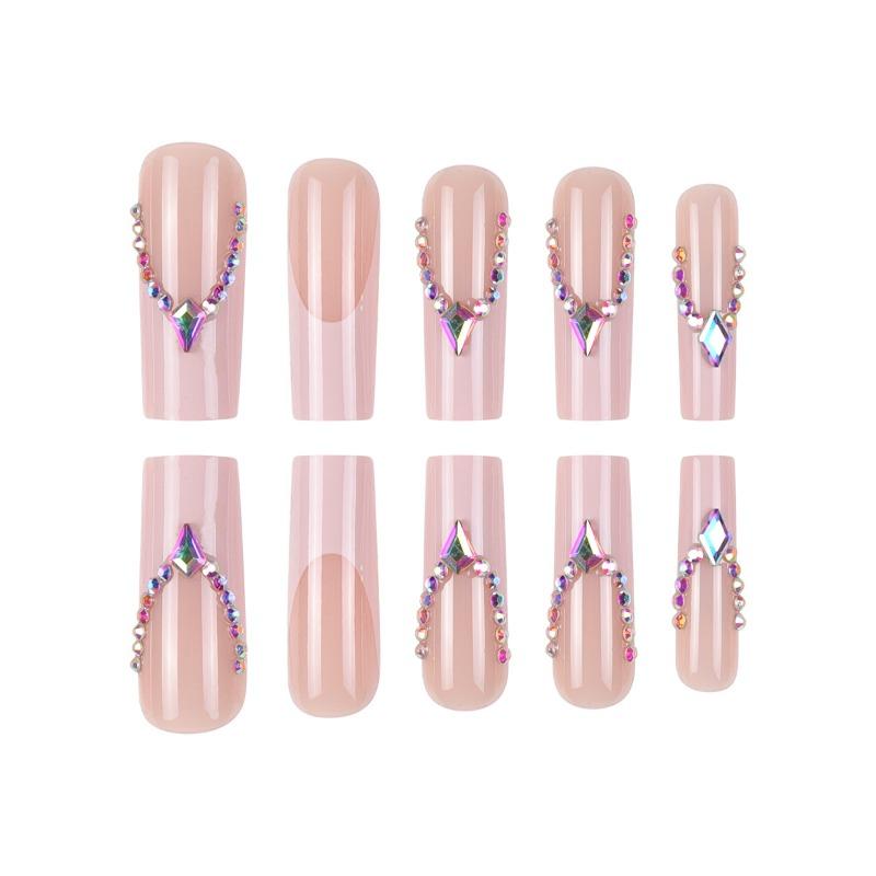 Cross-border European and American nail wear popular long light pink French nail art piece rhinestone flash Spice girls wear nail art