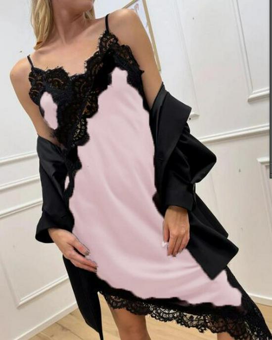 2025 Autumn Sexy Women's Mid-Length Satin Lace Camisole Dress with Irregular Slit, European & American Style