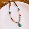 Ethnic Style Colored Stone Oval Pendant Sweater Chain Niche Collarbone Chain Retro Necklace Women