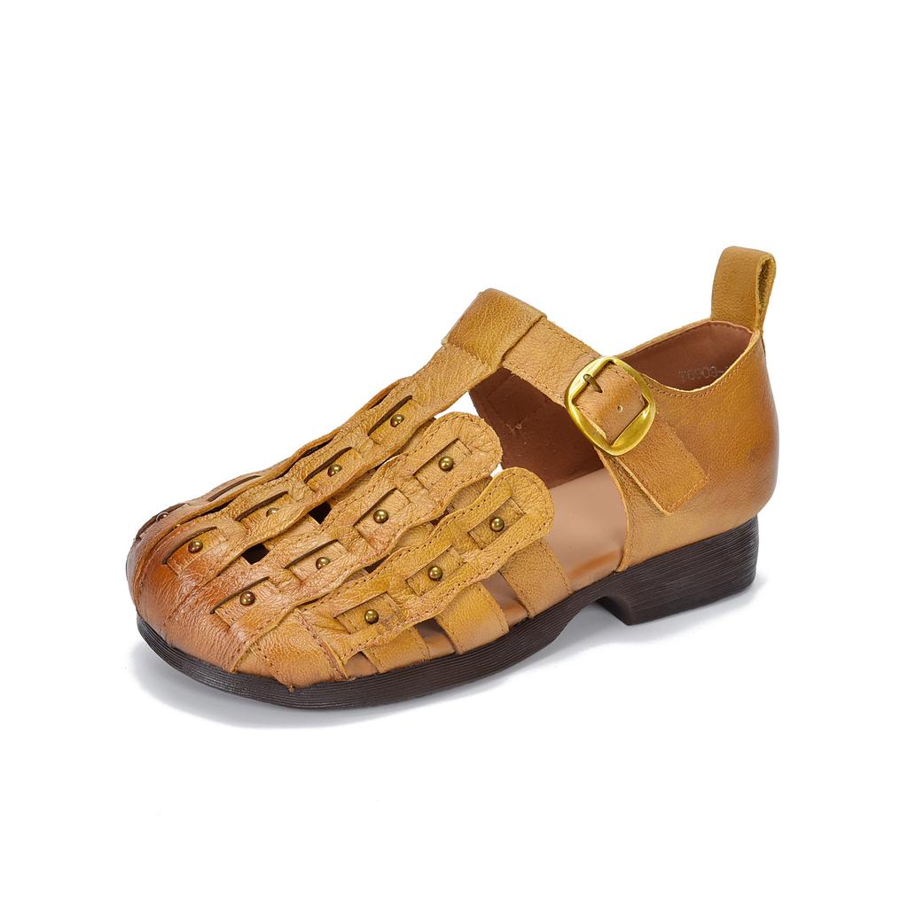 Johnature Genuine Leather Round Toe Soft Soled Sandals Hollow Out Breathable Low Heel Women's Shoes