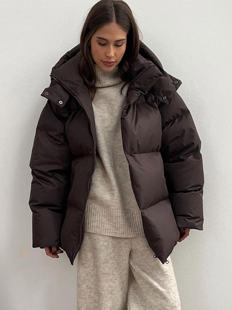 Women's Standing Collar Long Sleeved Zipper Thick Striped Jacket Brown Winter