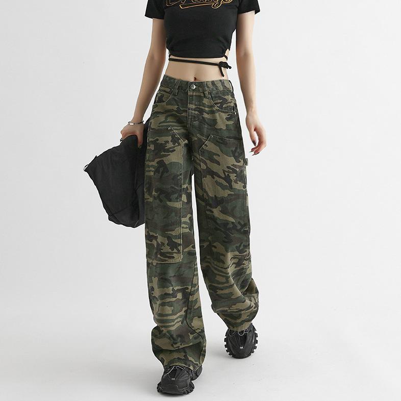 Niche Camouflage Straight Jeans for Women In Autumn and Winter New High-waist Design Loose Wide-leg Pants