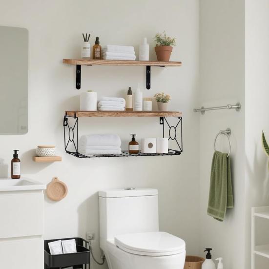 Prateleira Flutuante de Parede para Banheiro com Cesto de Metal Prateleira de Parede de Madeira Rústica Acima do Vaso Sanitário Organizador de Armazenamento para Escritório em Casa Sala de Estar