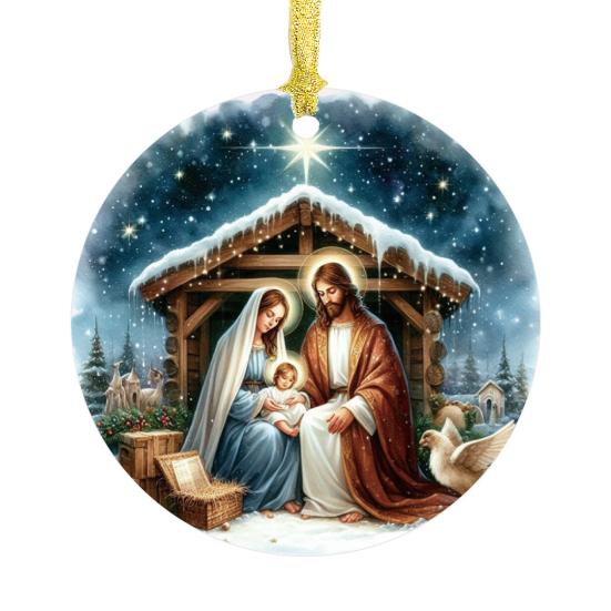 Nativity Night Ornament Round Acrylic Birth of Jesus Christ Hanging Decoration Religious Themed Christmas Keepsake for Winter Xmas Tree Decor