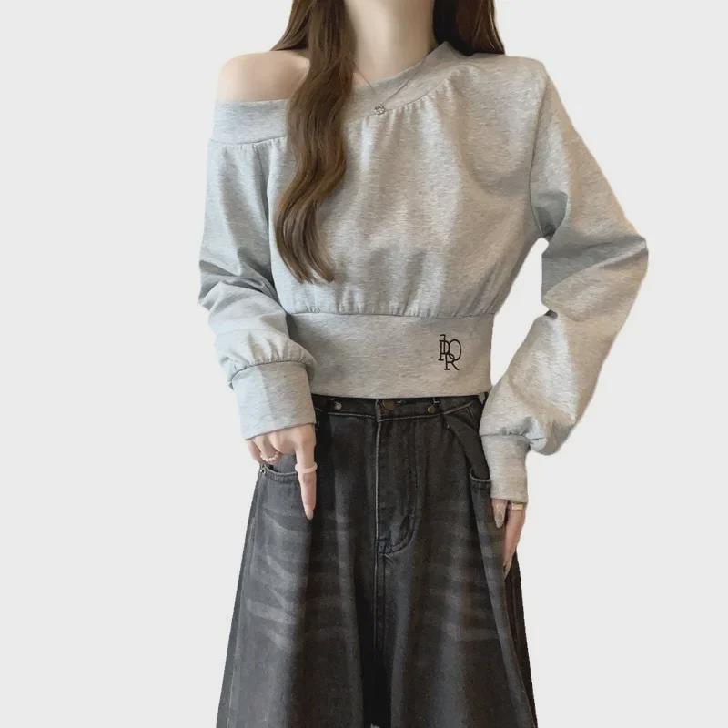 Korean Style Off-Shoulder Slant Neck Long Sleeve Sweatshirt for Women - Spring/Autumn Loose Fit, Short, Thin Top