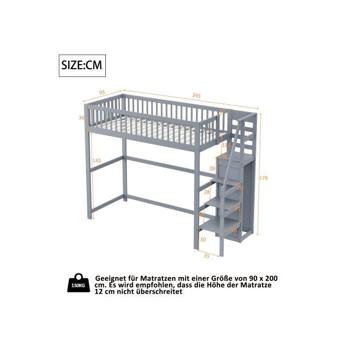 Lit mezzanine - MUVOE - 90x200 - Bois massif - Échelle de sécurité - Gris
