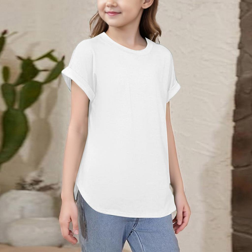 Girls Short Sleeve T Shirts Kids Crewneck Curve Summer Tees Hem Tops Sleeve T Shirts