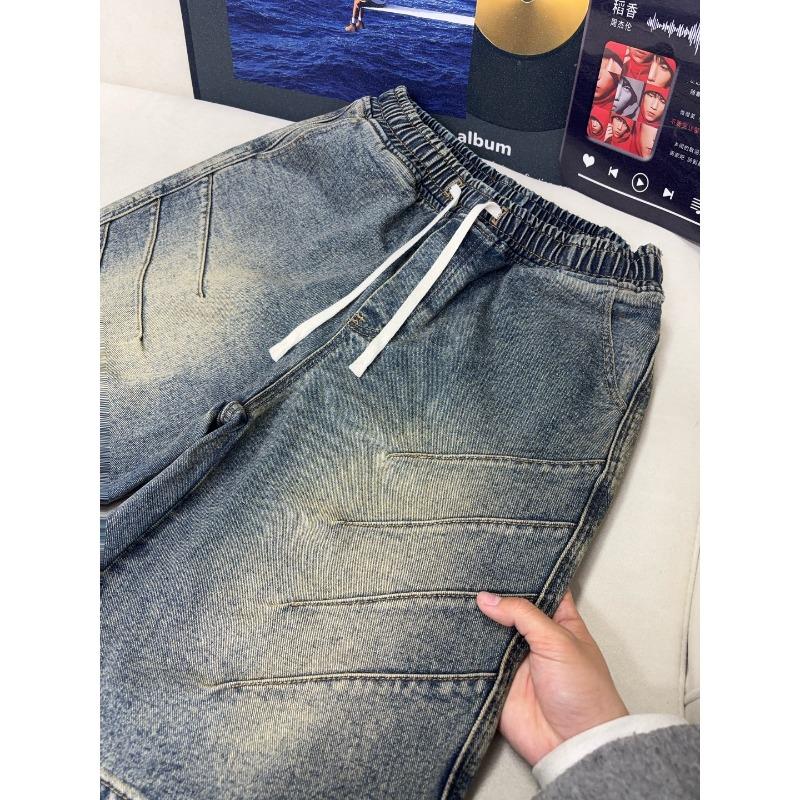 Washed pleated denim shorts men's summer wear shark gills drawstring five-point pants cleanfit casual pants