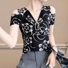 Summer Off Shoulder Women's Print Flower T-Shirt Sexy V-Neck Hot Diamonds Tops Chic Short Sleeve Fashion Blouse