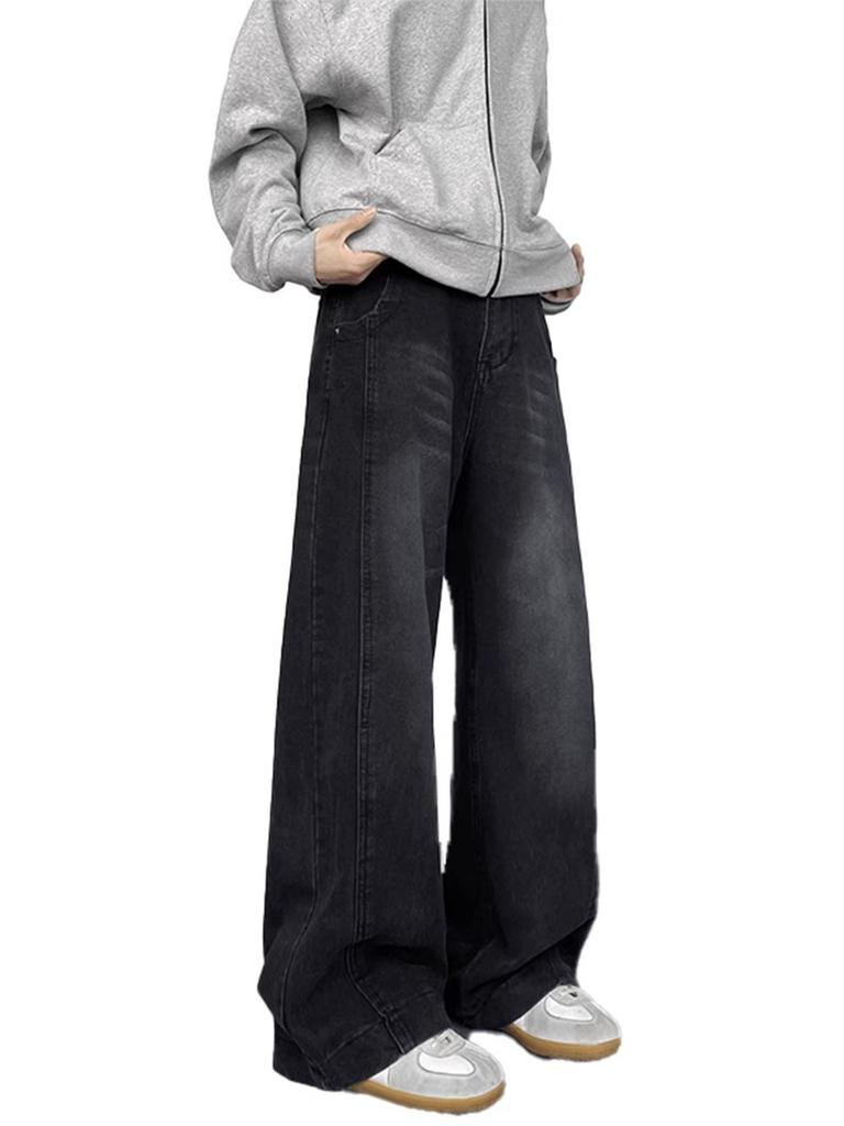 Men's Washed Patchwork Curved Jeans Spring Fall Loose Wide Leg Pants Streetwear Hip Hop Baggy Denim Trousers