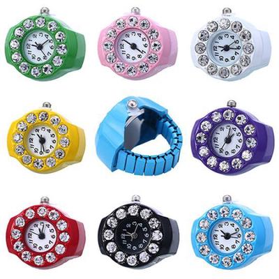 Relógio Anel de Dedo de Quartzo Elástico Redondo de Silicone com Strass para Homem Mulher Presente