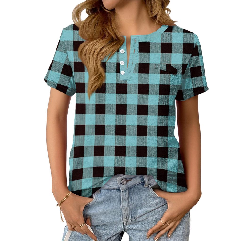 Women's Fashionable Casual Summer Plaid Print V-neck Button Short-sleeved Top