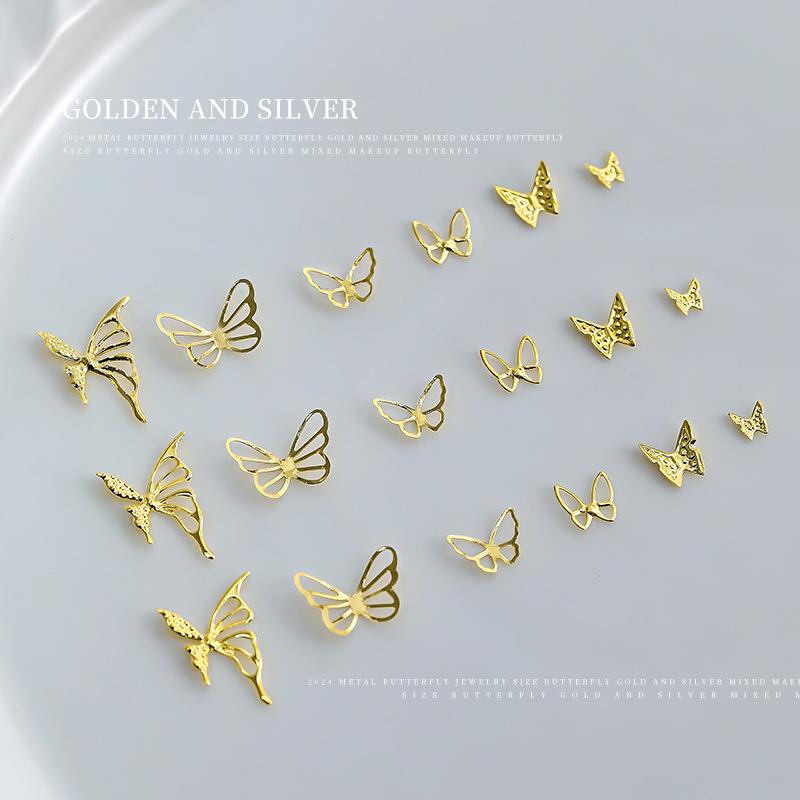 50 Pièces Alliage Creux Papillon Décoration Nail Art Or Argent Métal Charms Papillon pour Ongles DIY Saint-Valentin Pièces Papillon