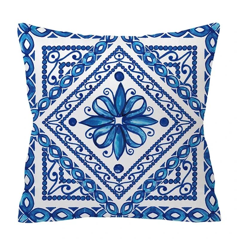 Blau Weiß Porzellan Druck Kissenbezug Böhmischer Stil Mandala Geometrie Kissenbezug Modern Mode Sofa Stühle Dekokissen