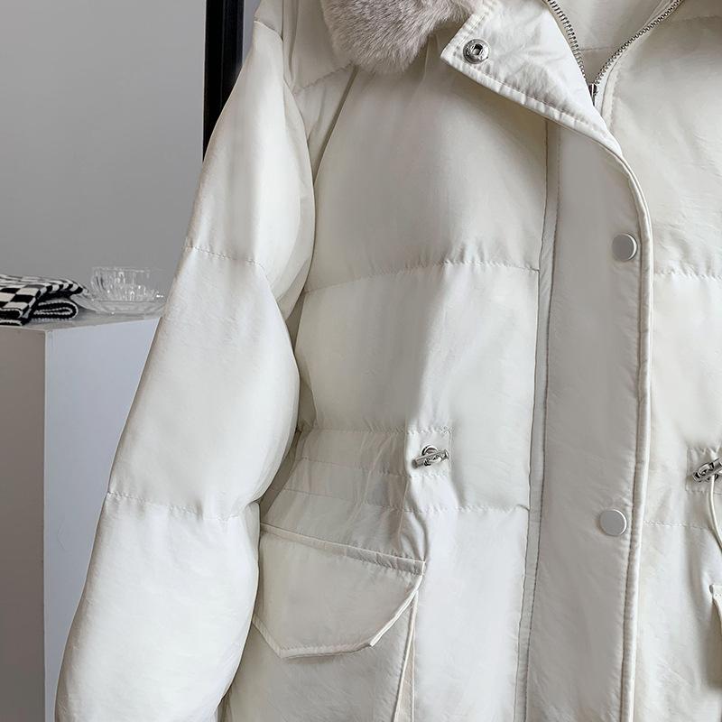 Women Autumn Winter Imitation Rabbit Hair Slim Cotton Coat Lapel Neck Solid Color Drawstring Padded Jacket