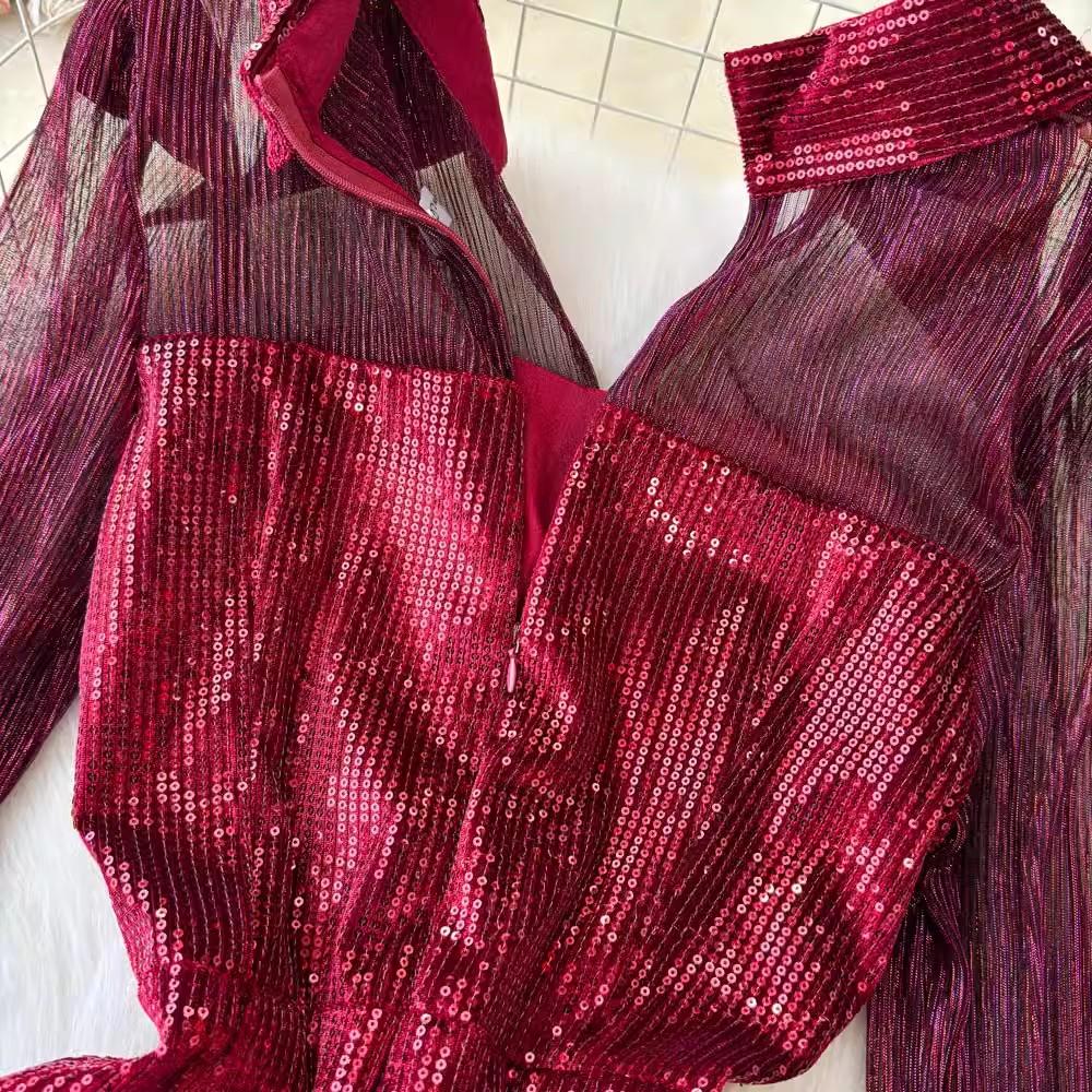 New Autumn Retro Sequins Lapel Pencil Dress Women Clothes Elegant Lady Sheer Sexy Long Sleeve Slim Short Party Birthday Vestidos