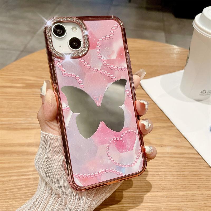 

Роскошный гальванизированный бабочка Подходит для чехла для мобильного телефона Apple 15 IPhone 14pro Объектив Стразы 13 Чехол для защиты от падений iPhone15 розовый