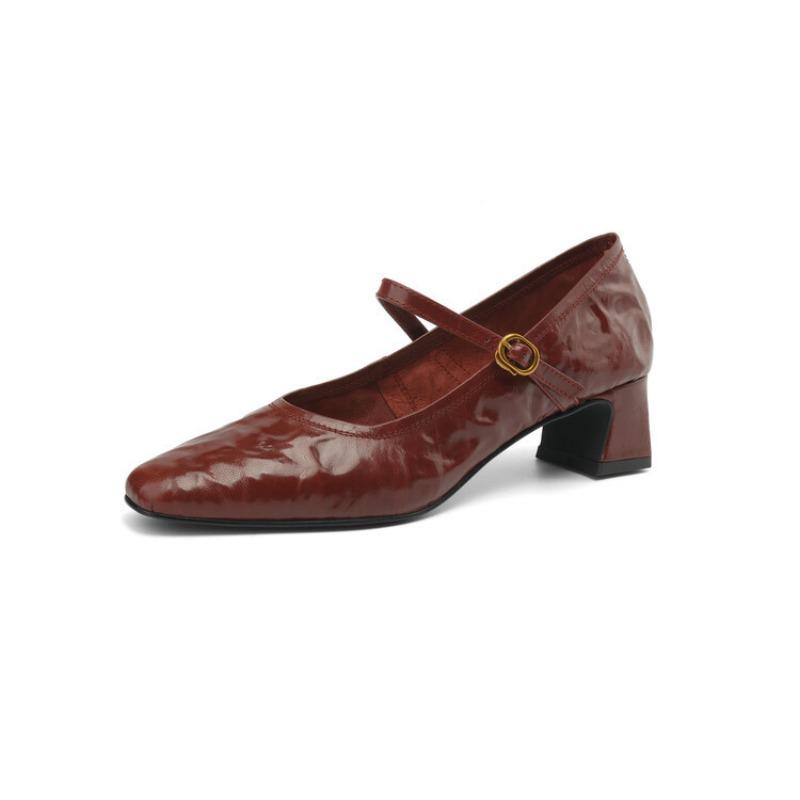 Skinny Little Square Head! Leather Light Mouth Single Shoes Women's Thick Heel Retro Mary Jane Shoes Burgundy Middle Heel Leather Shoes