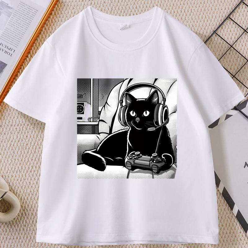 Unisexs Casual Black Cat Graphic TShirt Cotton Short Sleeve Crew Neck Cat T Shirt Unisexswear Top Unisex Women Loose Printed Clothes