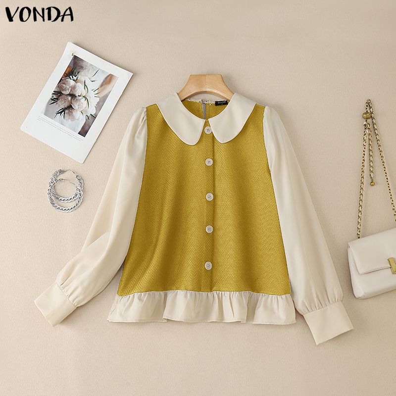 

VONDA Women Lapel Neck Long Sleeve Texture Patchwork Casual Blouse 5XL жёлтый