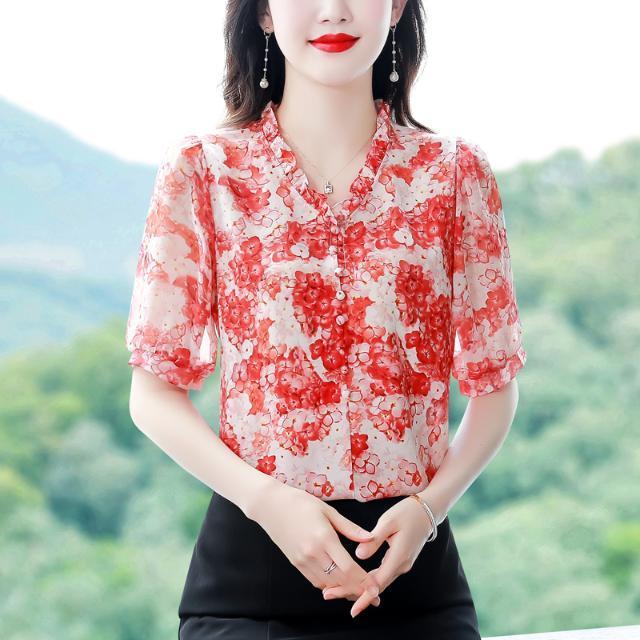Mamas Blumen-Chiffon-Hemd, Sommer, neue halblange Bluse, Damenmode, V-Ausschnitt, bedrucktes Oberteil, M-4XL