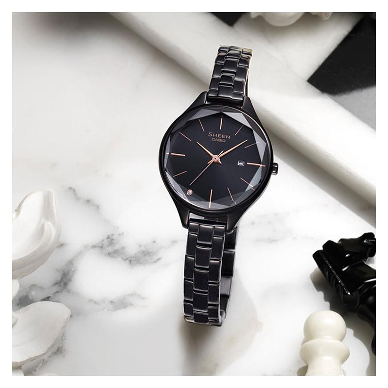 Casio CASIOSHEEN series simple three-dimensional rhombus business quartz movement stainless steel strap Japanese and Korean SHE-4062BD-1AUPR-person