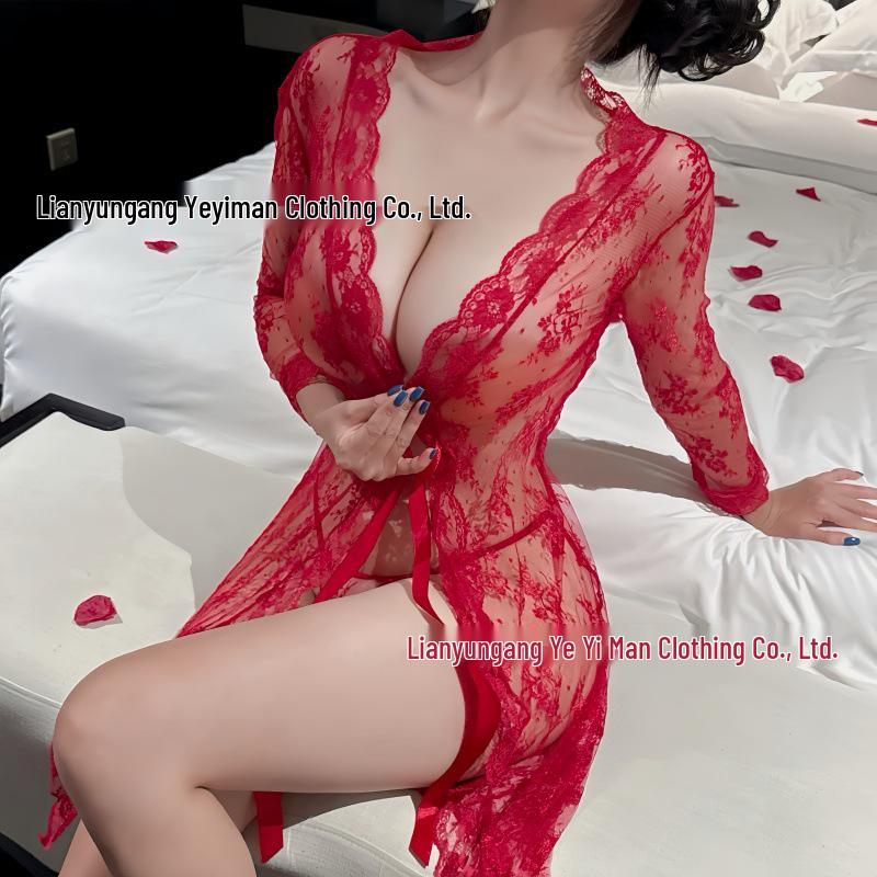 Sexy Spitzenkimono in Übergröße: Transparenter Nachthemd-Dessous mit langem Kleid-Design