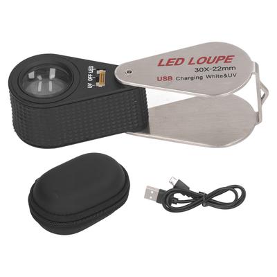 Lupa LED UV Recargable Plegable Portátil de Metal 30X Lupa de Bolsillo para Exterior