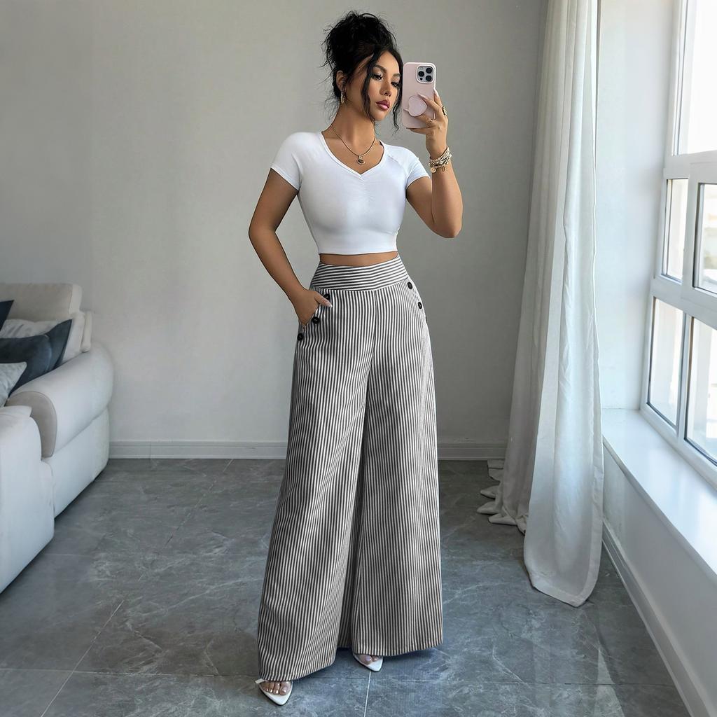 Flowy Pants for Women Casual High Waisted Wide Leg Palazzo Pants Long Trousers with Buttons and Pockets Plus Size