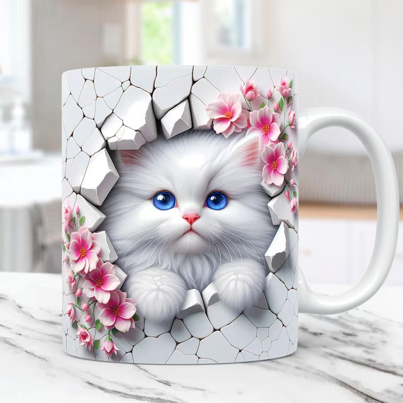 3D Kitten Cat Hole In Wall Ceramic Coffee Mug Tea Mug Gift Mug