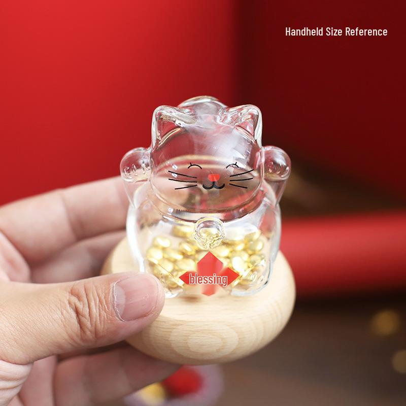 Three-Dimensional High Borosilicate Glass Fortune Cat Coin Bank and Gift Jar.