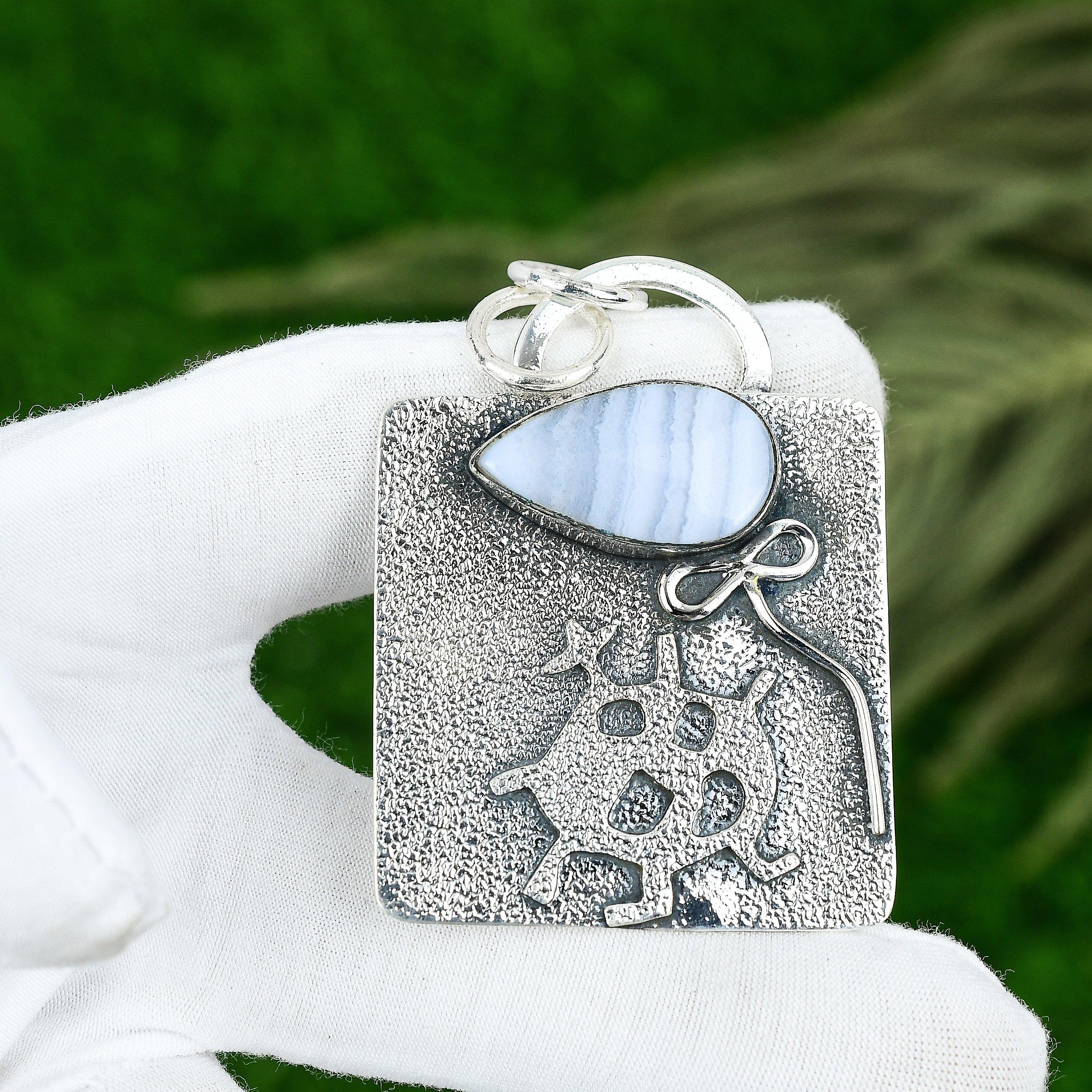 Sisters Day Deal 925 Silver Blue Lace Agate Gemstone Anniversary Pendant Jewelry