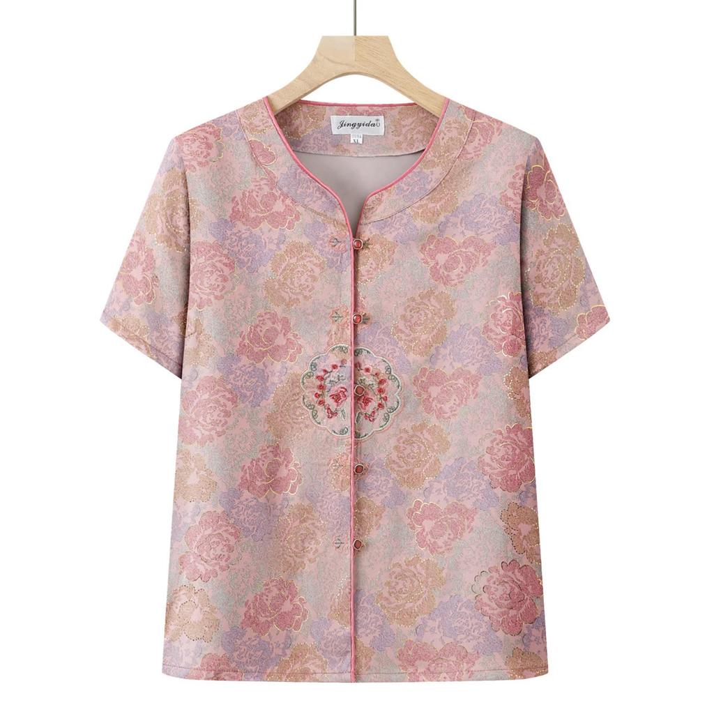Mom's Chinese Style Summer Top Set: Short-Sleeved Shirt & Two-Piece Outfit for Middle-Aged and Elderly Women