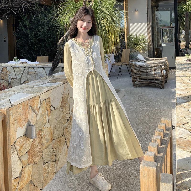 

2025 Spring Women s Lace Shirt Dress: Long Sleeve, Layered Two-Piece Set Extra Large