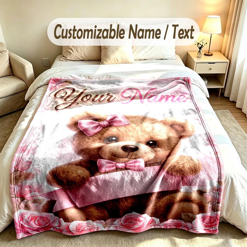 Teddy Bear Theme Custom Blanket Personalized Name & Text Customized Soft Warm Throw Blanket Home Decor