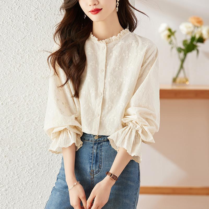 

Apricot Embroidered Women s Shirt with Long Sleeves Spring and Autumn Lace Lace Collar Top Pure Cotton Shirt M