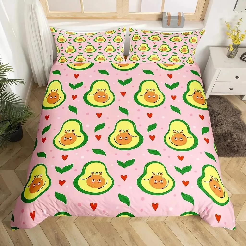 Avocado Duvet Cover Set Queen Size 3D Printed Cartoon Funny Faces Avocado Bedding Set Green White,Tropical Botanical Quilt Cover