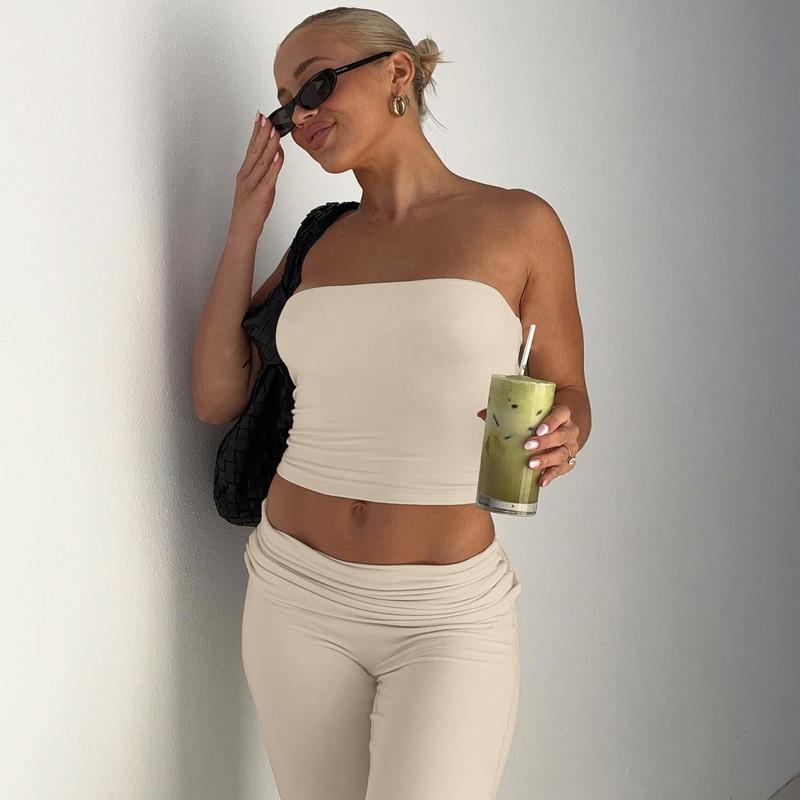 Women's Spring 2025 Solid Strapless Top and Flared Pants Slimming Fashion Set