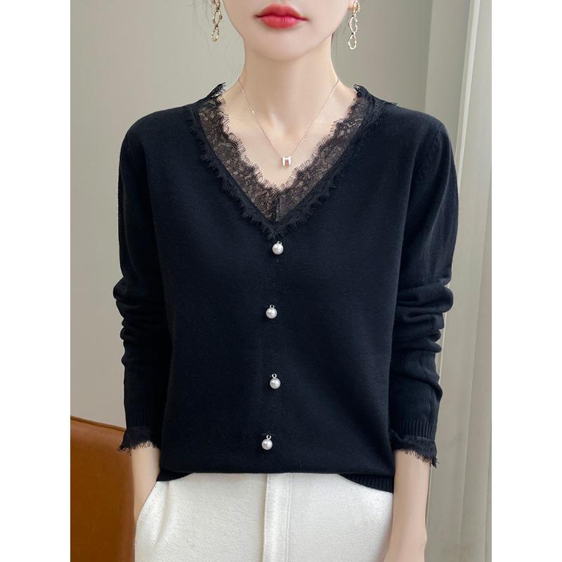 

Стильная и тонкая модная трикотажная базовая рубашка с V-образным вырезом и кружевной отделкой, женский тонкий свитер-топ XXL чёрный